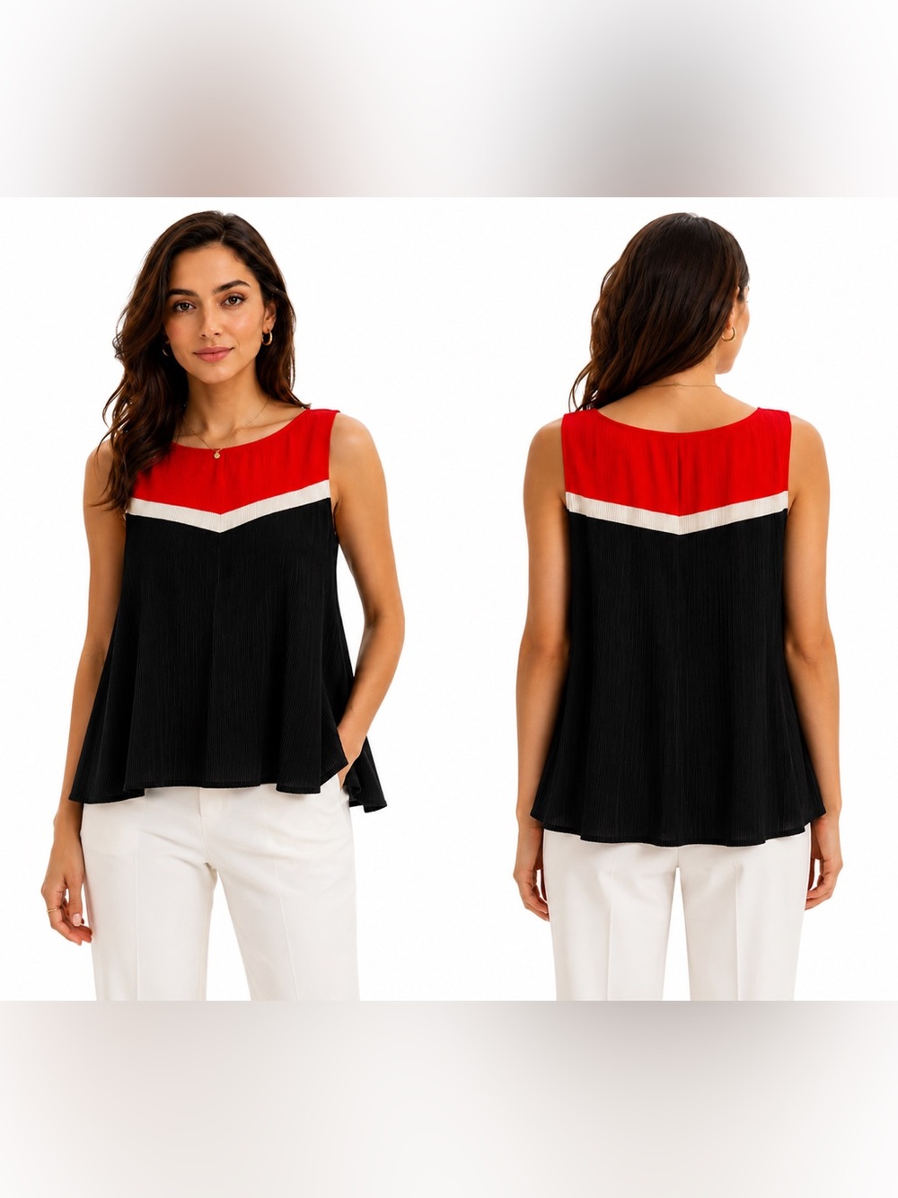 Zara Colorblock Pleated Sleeveless Chevron Top | Red Black Cream Blouse